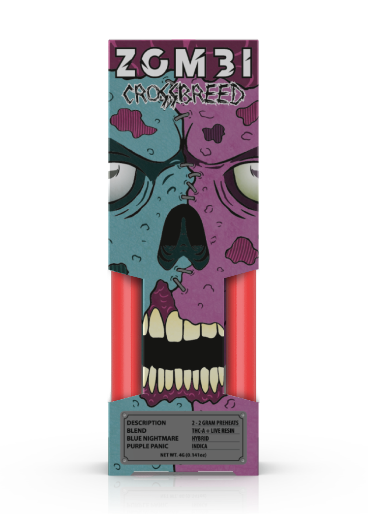 A colorful box labeled "Zombi Crossbreed THCA Live Resin Disposable 4g | 2pk" with a cartoon zombie face design. The box contains 2-gram prefilled THC-A live resin disposables. Blend: Blue Nightmare and Purple Panic. Indica. 46.60% THC-A with Delta 8 for enhanced effect by Zombi.