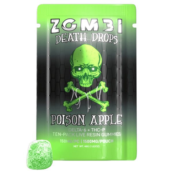 A green package labeled "Zombi Death Drops Gummies 1500mg | 10ct" from the brand Zombi, containing Delta-6 and THC-P gummies. The package, perfect for hemp gummy adventures, features a skull and crossbones image and states 150mg per piece, totaling 1500mg per pouch.