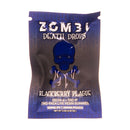 The "Zombi Death Drops Gummies | 2ct" in a blue package by Zombi features a skull and crossbones design labeled "Blackberry Plague," containing two live resin gummies, each with 150mg of a potent THC blend.
