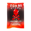 A packet labeled "Zombie Death Drops: Jonestown Juice," featuring a red skull and crossbones, contains 2 Zombi Death Drop Gummies made with a powerful delta-8 THC blend and live resin. Net weight: 3.2 oz. Brand: Zombi.