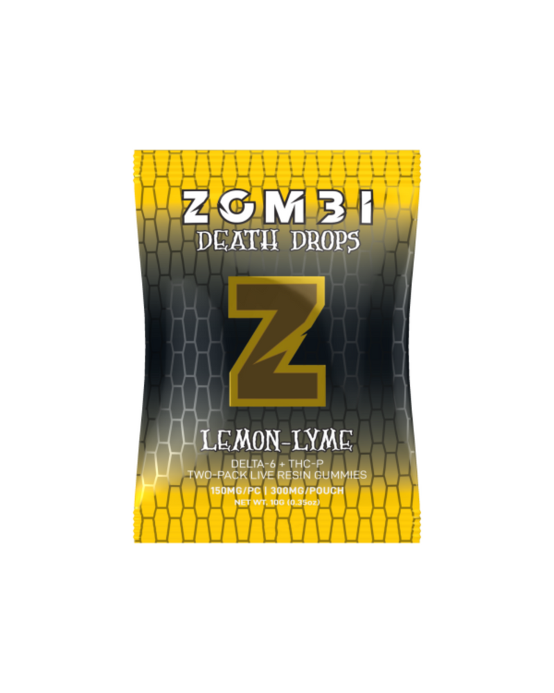 Zombi's Death Drops Gummies (2ct) in lemon lyme flavor feature a Delta-9 and THC-P blend, with each gummy offering 150 mg of THC per 300 mg pouch. The black and yellow honeycomb packaging adds a striking touch.