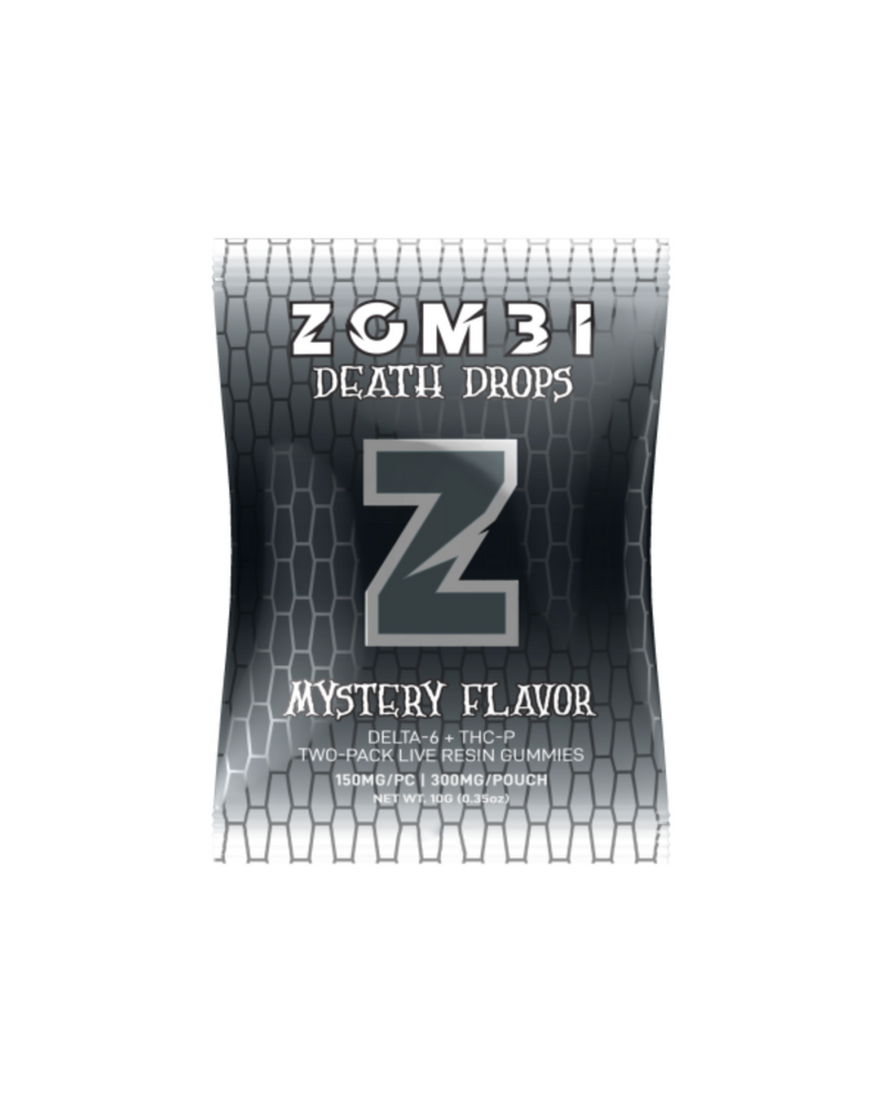 The "Zombi Death Drops Gummies | 2ct" package showcases a bold "Z," offers a "Mystery Flavor," and highlights a Delta 9 + THC-P blend with "150MG FPC | 300MG/POUCH." Ideal for anyone seeking a unique hemp gummy experience.