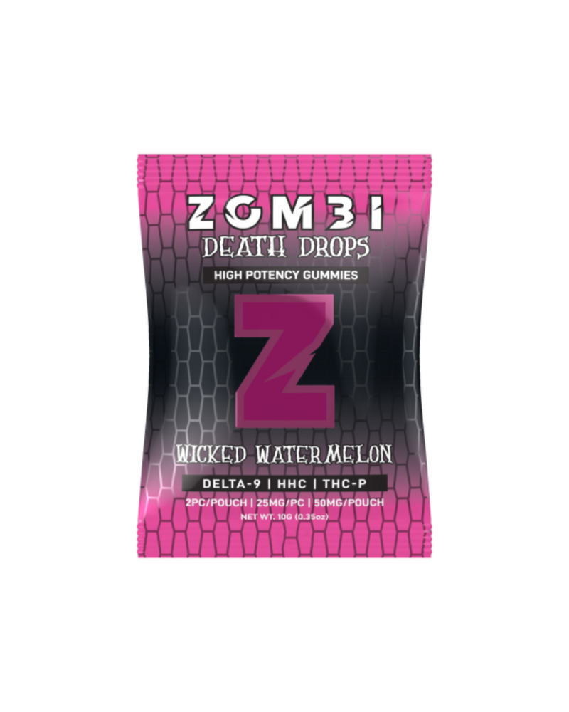 The Zombi Death Drops Gummies (2ct) packet, in pink and black, labeled "Wicked Watermelon," offers a potent THC blend of Delta-9, HHC, and THC-P for an unforgettable hemp gummy experience.