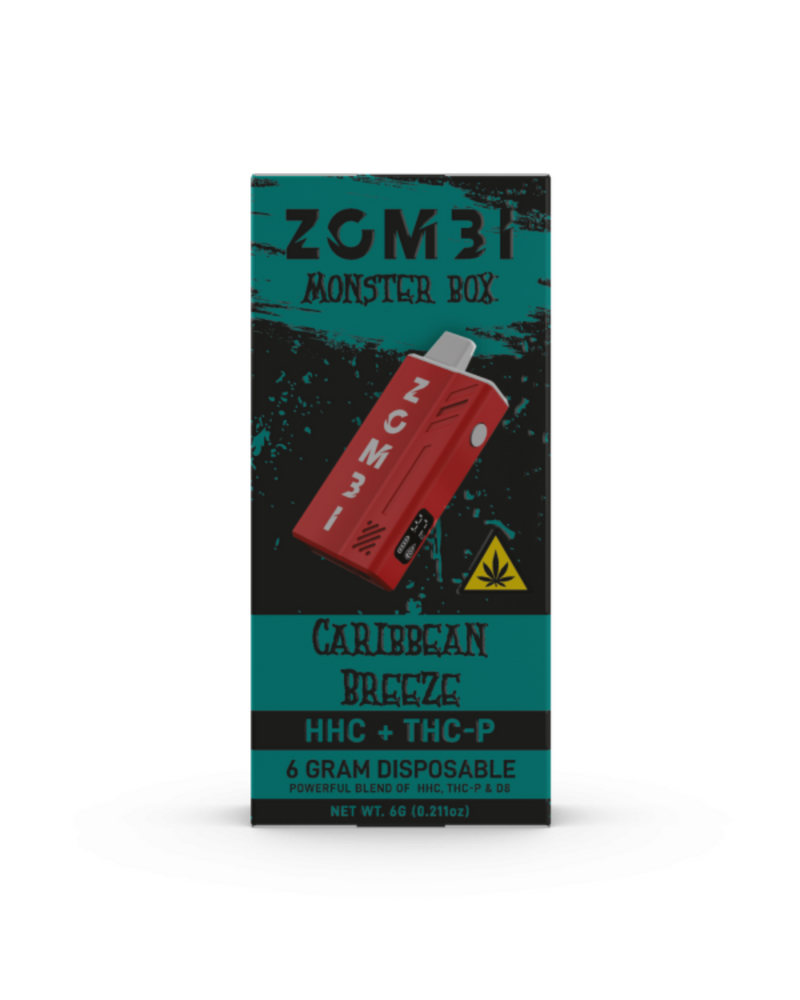 Meet the Zombi HHC Monster Box Disposable in Caribbean Breeze flavor: a 6g vape with HHC + THC-P. The packaging sports a vibrant red pen illustration and cannabis symbol, emphasizing its Delta 8 experience.