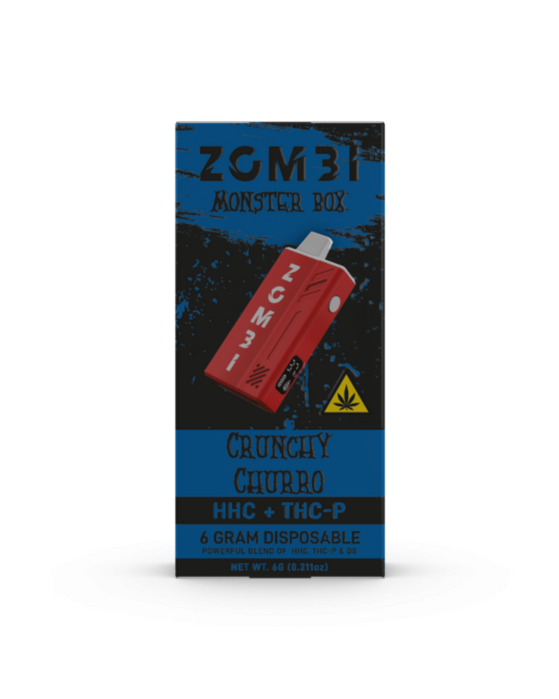 The "Zombi HHC Monster Box" disposable from Zombi, named "Crunchy Churro," features a red vape pen illustration and offers a potent blend of HHC and THC-P in a 6g format.