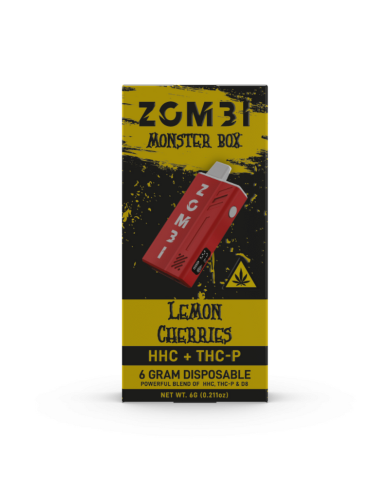 The Zombi HHC Monster Box Disposable 6g vape features a "Lemon Cherries" flavor infused with HHC, THC-P, and Delta 8, and comes in a striking red vape pen with branded details.