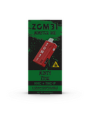 The Zombi HHC Monster Box Disposable in "Minty Kush" combines THC-P and Delta 8, comes in a red device with green and black packaging featuring a cannabis leaf, and has a net weight of 6 grams.
