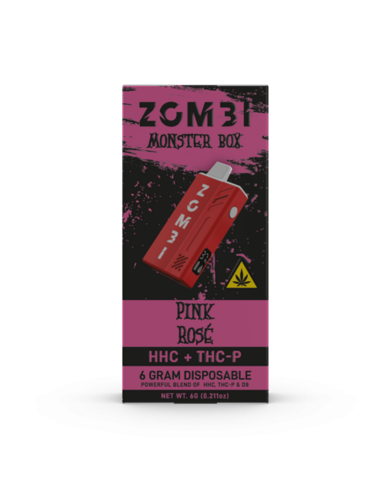 Packaging for "Zombi HHC Monster Box Disposable | 6g" vape, labeled as "Pink Rose," highlights THC-P and Delta 8, featuring a striking red device image.