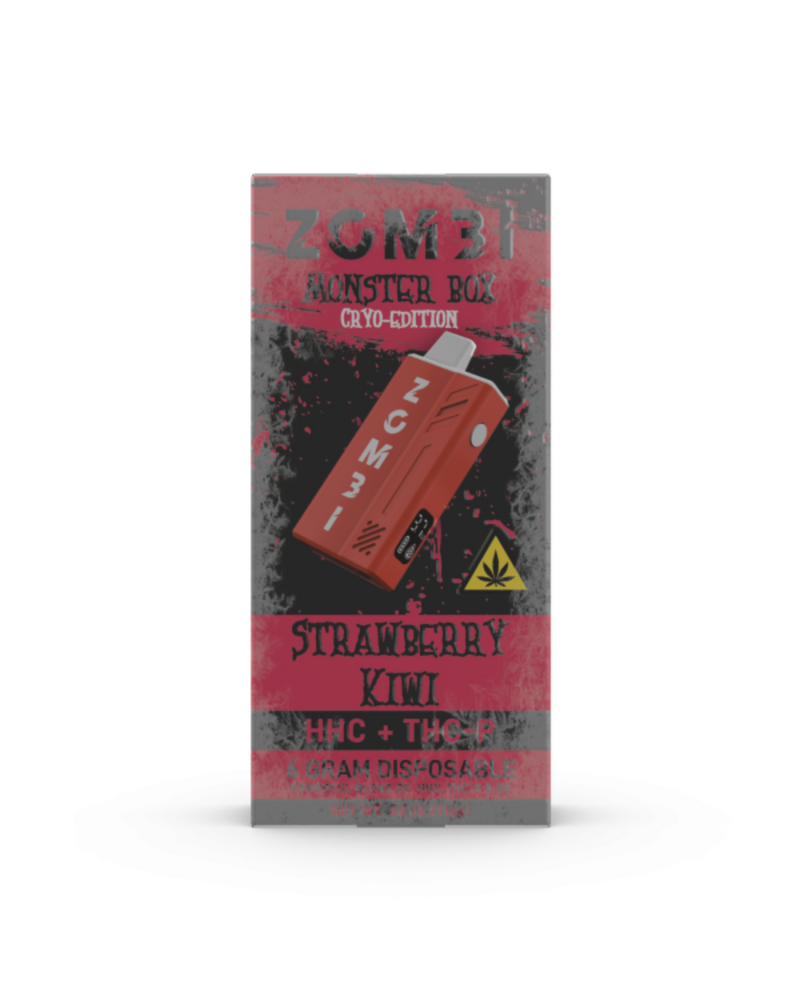 Image of a Zombi HHC Monster Box Disposable (6g) in strawberry kiwi flavor, highlighting Delta 8 and THC labels with a warning symbol. The box has a distressed design in bold red and gray tones.