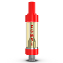 A cylindrical vape cartridge with a clear body and red top and bottom caps. The word "ZOMBI" is printed vertically on the cartridge, featuring Zombi Live Badder Vape Cartridges | 2g by Zombi for an enhanced experience.