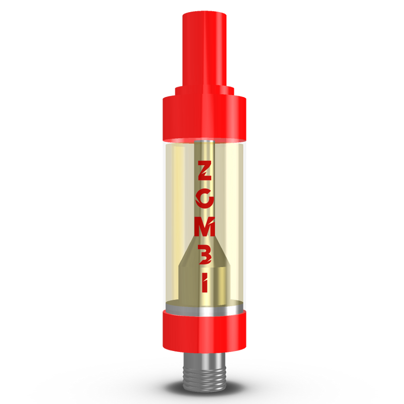 A cylindrical vape cartridge with a clear body and red top and bottom caps. The word "ZOMBI" is printed vertically on the cartridge, featuring Zombi Live Badder Vape Cartridges | 2g by Zombi for an enhanced experience.