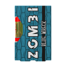 A box labeled "Zombi Live Badder Vape Cartridges | 2g" with a blue brick pattern, a red section on the left side, and featuring Delta 8 THC.
