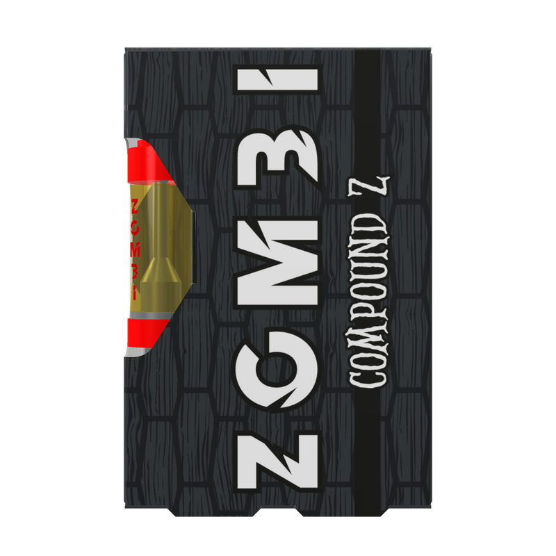 A video game case displaying the title "ZGM31 Compound Z" with a dark, textured background and red highlight, reminiscent of the striking packaging often seen in Zombi Live Badder Vape Cartridges | 2g from Zombi.