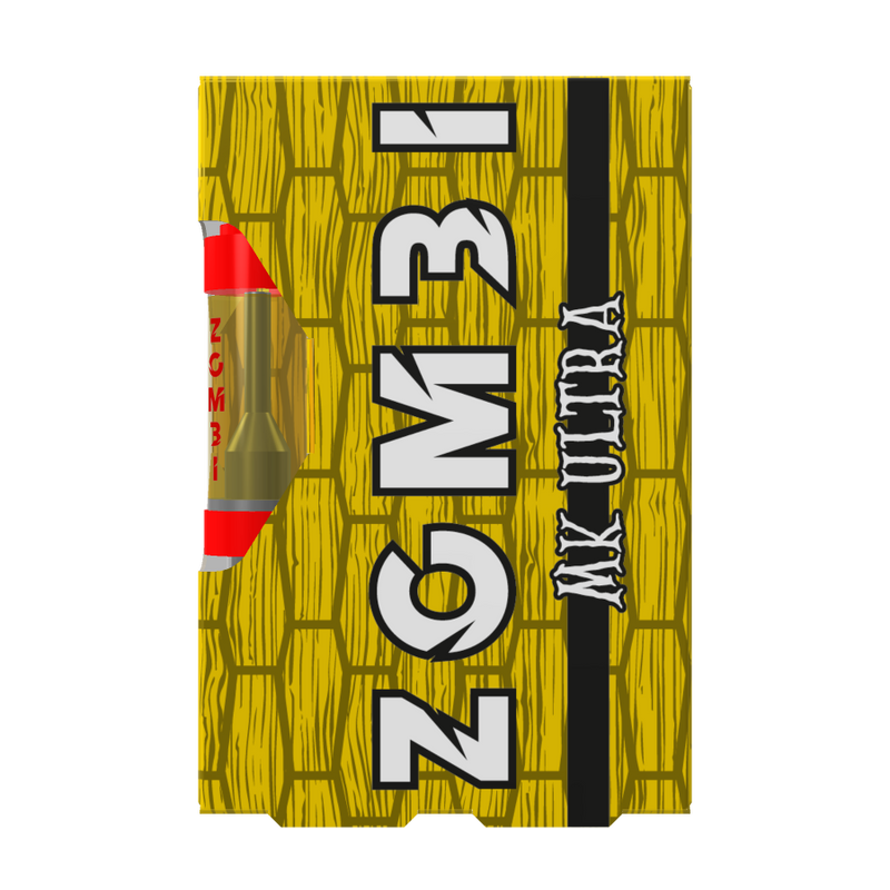 Yellow rectangular packaging with a textured pattern, featuring the text "ZGM31" in bold white letters and "MK ULTRA" on a black strip. A red band around the top left corner also has "ZGM31" on it. Perfect for holding Zombi Live Badder Vape Cartridges | 2g products containing Delta 8 THC.