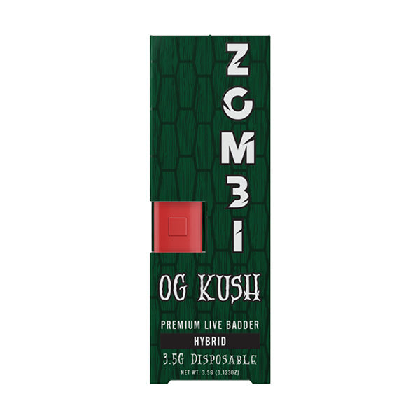 Green "Zombi Live Badder Disposable | 3.5g" packaging for a premium Delta 8 THC live badder hybrid, 3.5g disposable product by Zombi. Text is in white with a red label area on the front.