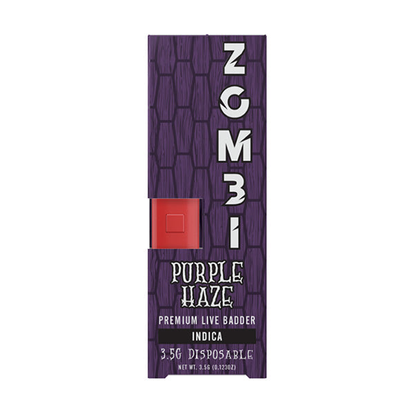 Purple packaging with text reading "Zombi Live Badder Disposable | 3.5g, Premium Live Badder, Indica." A red square is near the middle left side.