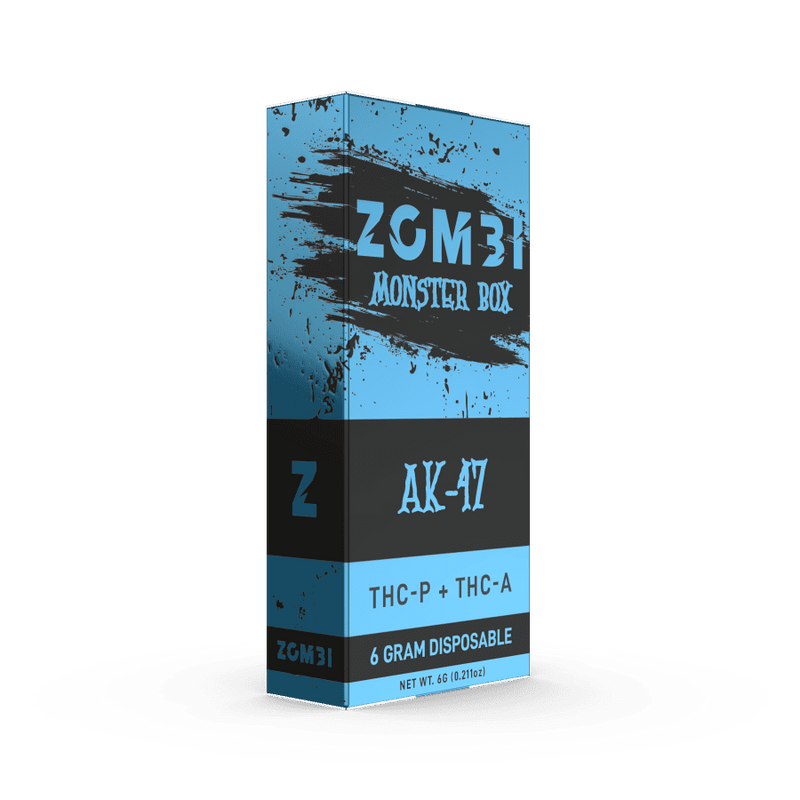 The image shows a box labeled "Zombi Monster Box Disposable | 6g" from the brand Zombi, indicating it contains a 6-gram disposable THC-P plus Delta 8 product.