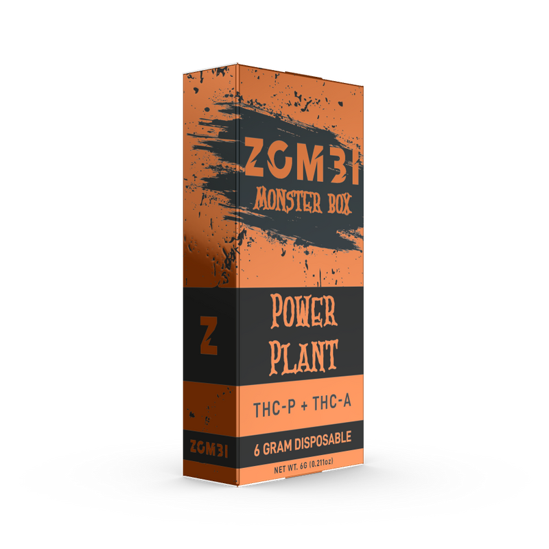 Packaging for the "Zombi Monster Box Disposable | 6g" Power Plant flavor, containing 6 grams of THC-P and THC-A. The orange and black design also highlights its compatibility with Delta 8 Disposable Vape Pens for an enhanced experience.