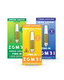 Three Zombi THC-H Vape Cartridge 1g boxes: Green Crack (green, sativa), Cheetah Piss (orange, indica), and Blue Dream (blue, hybrid). Each features a cartridge image with distinct THC-H branding.