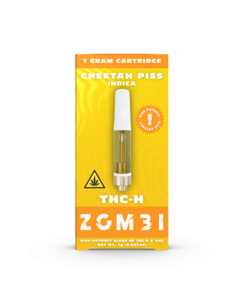 The Zombi THC-H Vape Cartridge, labeled "Cheetah Piss Indica," features a 1g cartridge image and cannabis warning. Ideal for aficionados, it ensures premium quality and a potent experience.