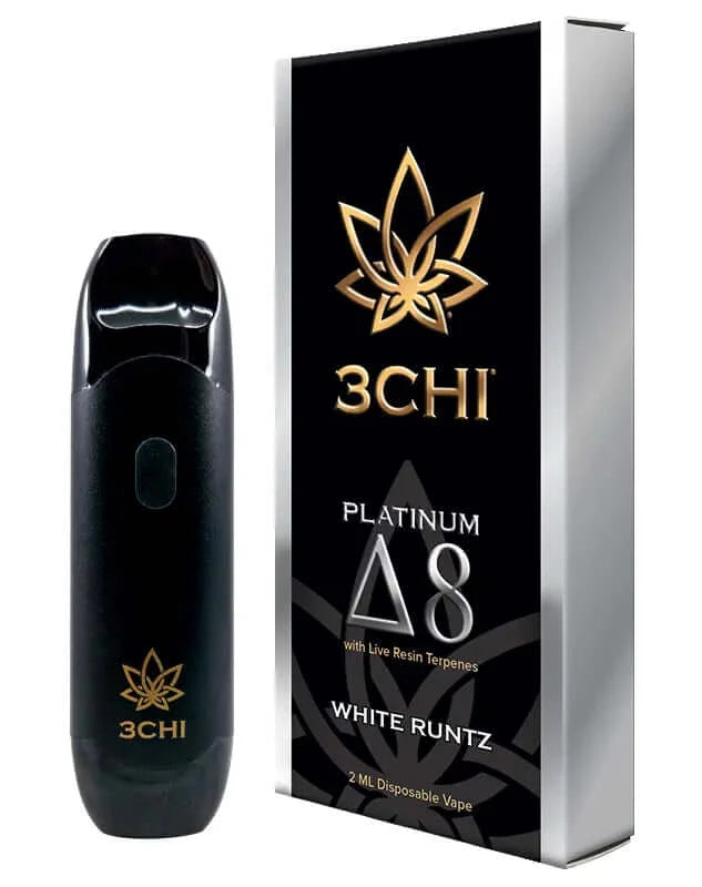 Image of the 3Chi Platinum Delta 8 Disposable Vape and its packaging. The packaging is labeled "White Runtz" and features a gold logo and text on a black background, emphasizing the high quality of Pure Delta 8 THC.