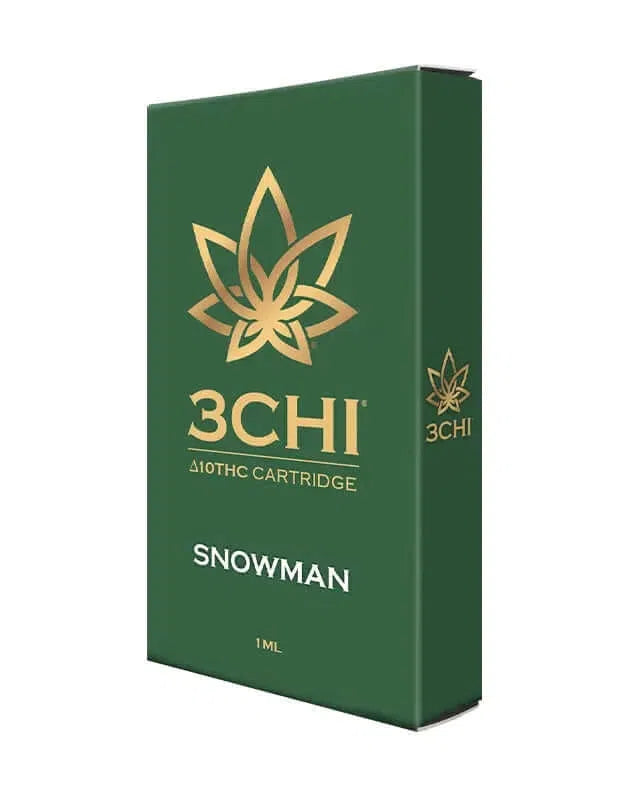 A green box labeled "3chi 3Chi Delta 10 Vape Cartridge 1 ML" with a gold leaf logo, containing a premium Delta 8 oil vape cartridge.