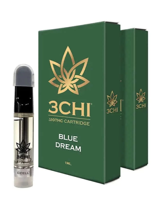 Vape cartridge labeled "3Chi Delta 10 Vape Cartridge" from 3chi, shown alongside two green and gold product boxes with the same branding, featuring a blend of Delta 8 oil and Delta 10 THC.