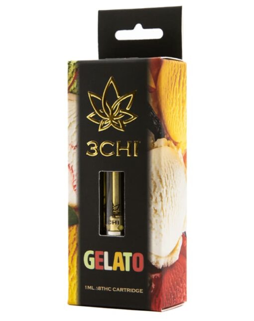 Product image of a 3Chi Delta 8 Vape Cartridges | 1g, elegantly packaged in a black box adorned with vibrant ice cream graphics.