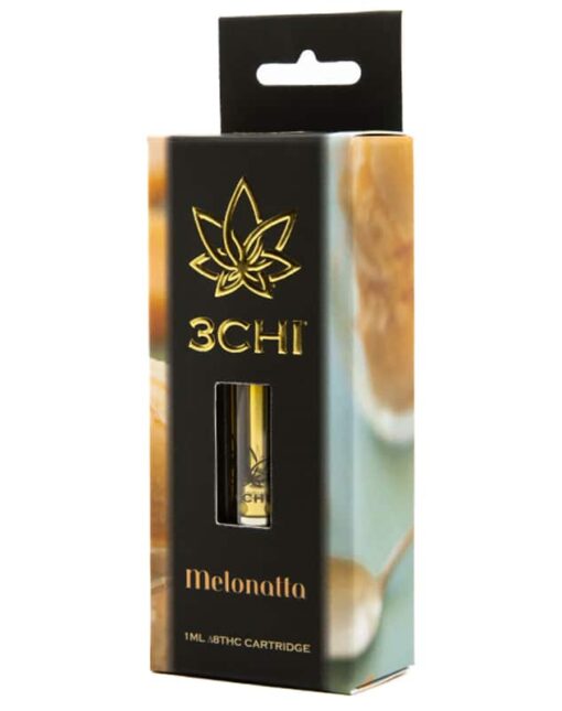 A 3Chi Delta 8 Vape Cartridge | 1g from 3Chi in Melonatta flavor, with black and gold packaging featuring a cut-out window showing the cartridge.