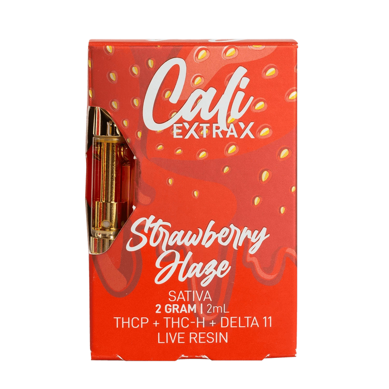 Box of Cali Extrax Live Resin Cartridges, featuring 2 grams of Sativa live resin with a triple cannabinoid blend of THCP, THC-H, and Delta 11 in Strawberry Haze flavor.