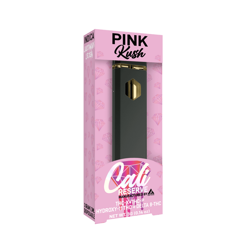 A rectangular box with a black vape pen inside. The packaging is pink with "Pink Kush" and product details, including its THC content and net weight of 0.5g. This Cali Reserve Liquid Diamond Disposables | 3g by Cali Extrax combines quality with elegance, offering a refined experience for enthusiasts.