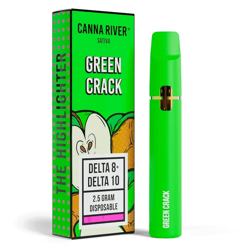 The Canna River Highlighter Disposable Delta 8 / Delta 10, stylish in its design, is showcased alongside a green polka-dotted box that features the "Canna River Sativa" branding, offering a fusion of Delta 8 and Delta 10 in a sleek and compact 2.5-gram disposable format.