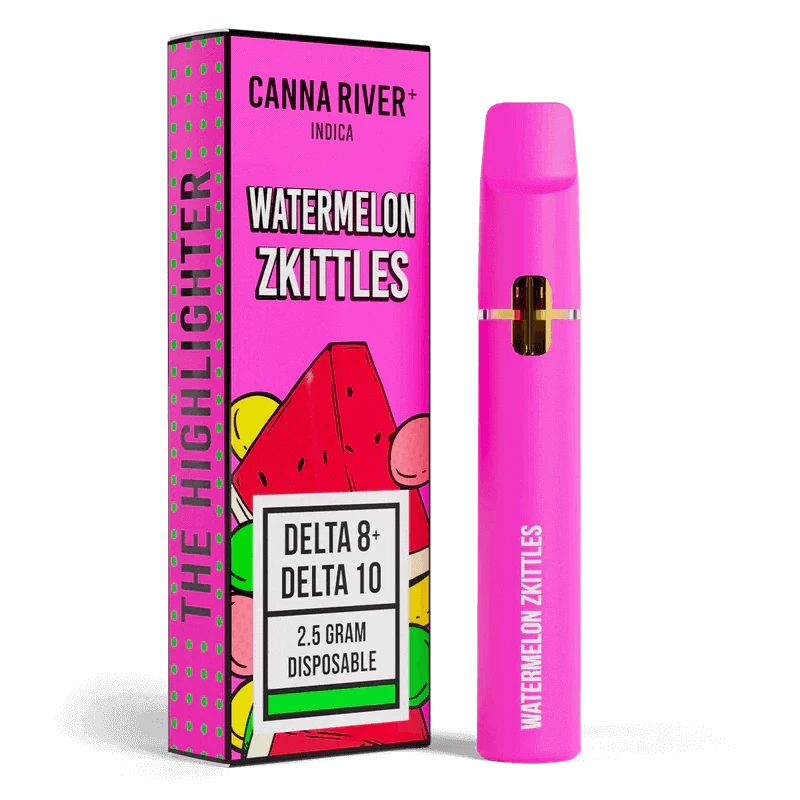 A pink vape pen titled "Watermelon Zkittles" rests next to colorful packaging featuring fruity designs and striking text: "Delta 8 + Delta 10, 2.5 gram disposable," by Canna River.