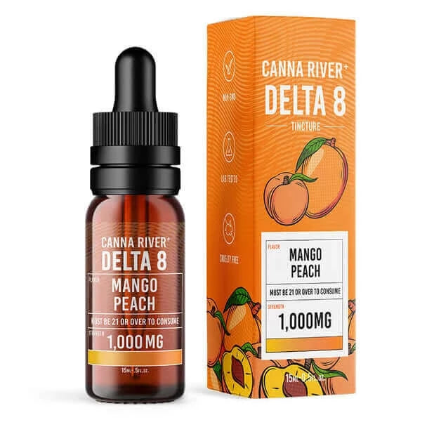 Image of Canna River Delta 8 Tincture bottle and box. The bottle shows 1000mg strength and 15ml volume. The box features illustrations of mangos and peaches. Age restriction 21+.