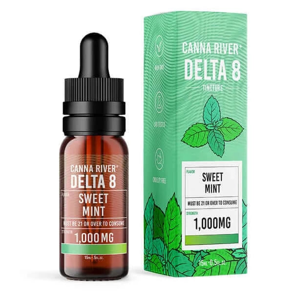 A bottle of Canna River Delta 8 Tincture next to its packaging. The label indicates 1,000 mg potency, and the instruction notes it is for those 21 or older. Enjoy the refreshing sweet mint flavor of these high-quality Delta 8 THC tinctures from Canna River.