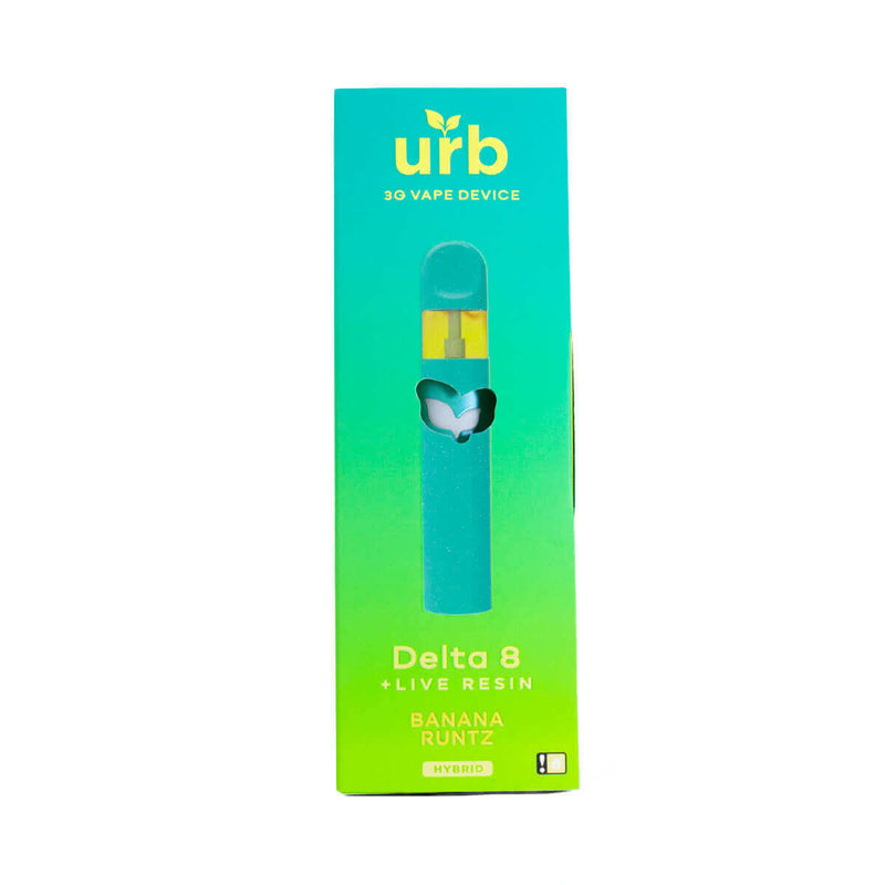 A green and yellow box labeled "Urb Delta 8 Live Resin Disposable Vape" from the brand Urb, containing a Banana Runtz-flavored hybrid disposable vape device with 3 grams indicated on the bottom.