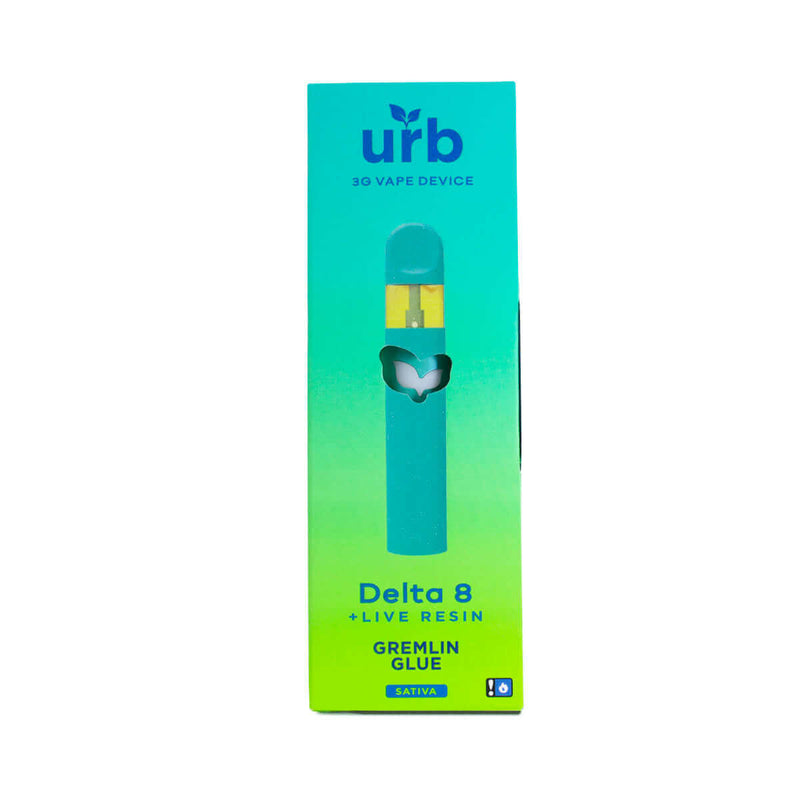 A product box for the "Urb Delta 8 Live Resin Disposable Vape" featuring Gremlin Glue and Sativa. The green packaging displays an image of a blue and green vape pen, offering 3 grams of disposable vapes.