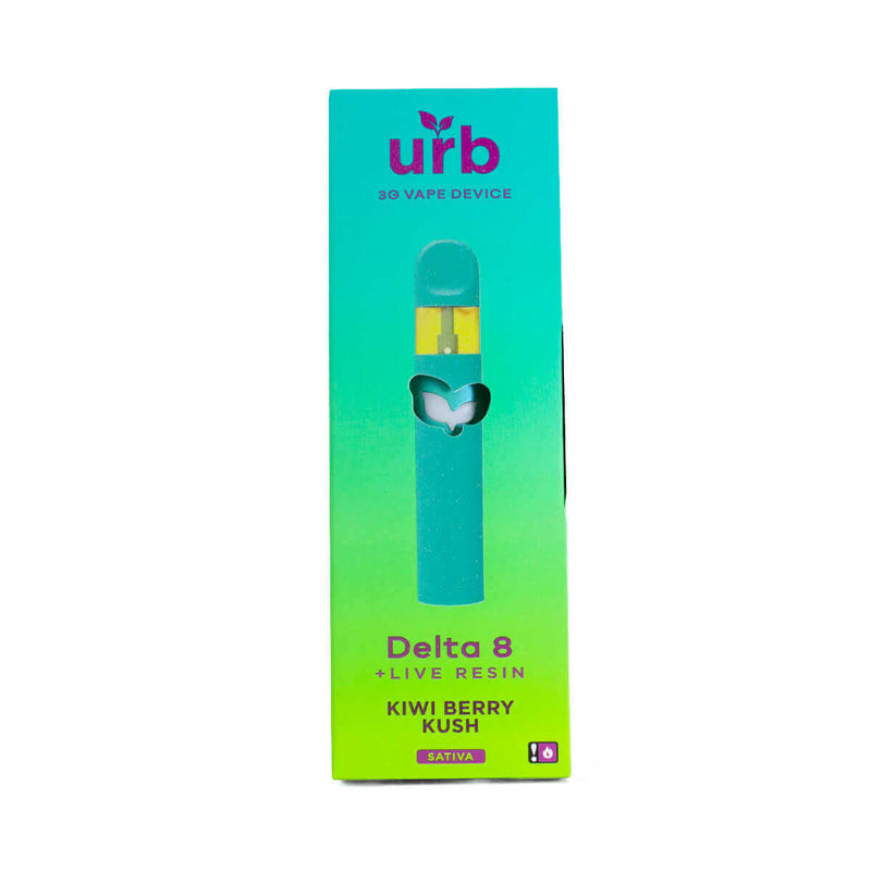 A green and blue box labeled "Urb Delta 8 Live Resin Disposable Vape" featuring a vape device and the text "Kiwi Berry Kush Sativa," along with the brand name "urb," specifies that it contains one of their 3-gram disposable vapes.