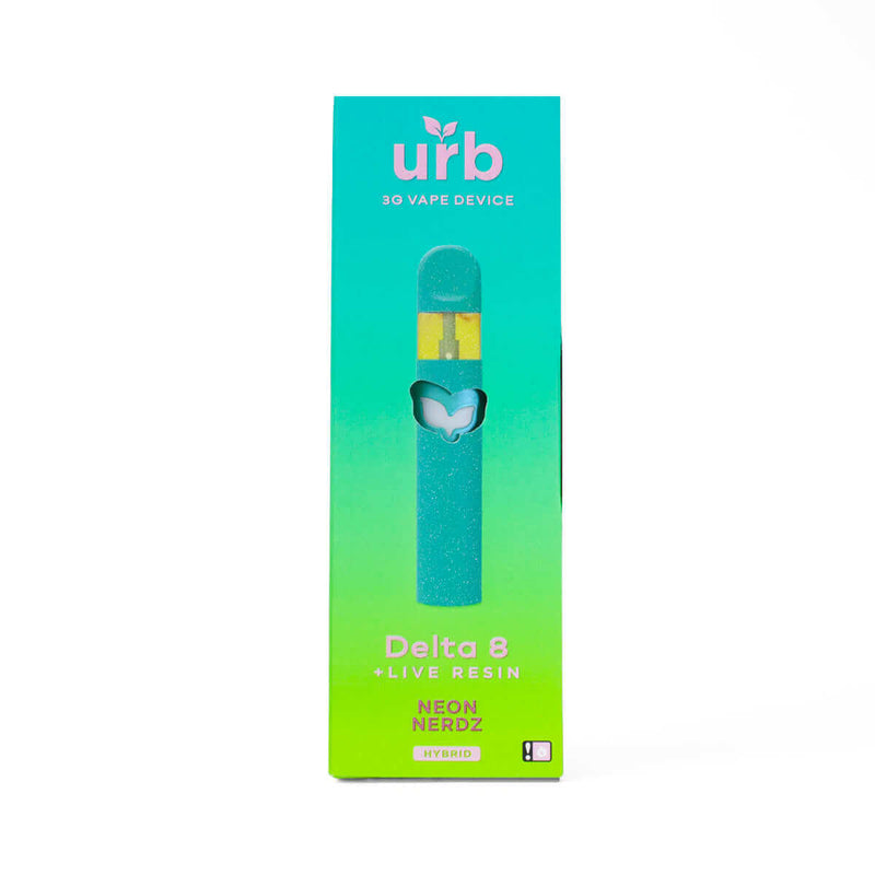 A green and blue box labeled "Urb" contains the Urb Delta 8 Live Resin Disposable Vape device, featuring the "Neon Nerdz Hybrid" strain. This 3G vape offers a convenient way to enjoy your Delta 8 experience.