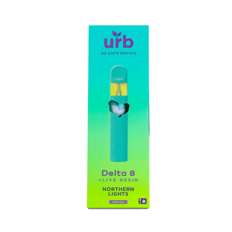 A teal and green box labeled "Urb" contains the Urb Delta 8 Live Resin Disposable Vape, a 3-gram vape device. The product, known as "Northern Lights," features an indica strain.