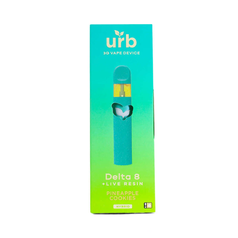 Box of an Urb Delta 8 Live Resin Disposable Vape from the brand Urb. The flavor is Pineapple Cookies, labeled as "Hybrid" on the packaging. This 3-gram disposable vape comes in a display featuring a turquoise device image.