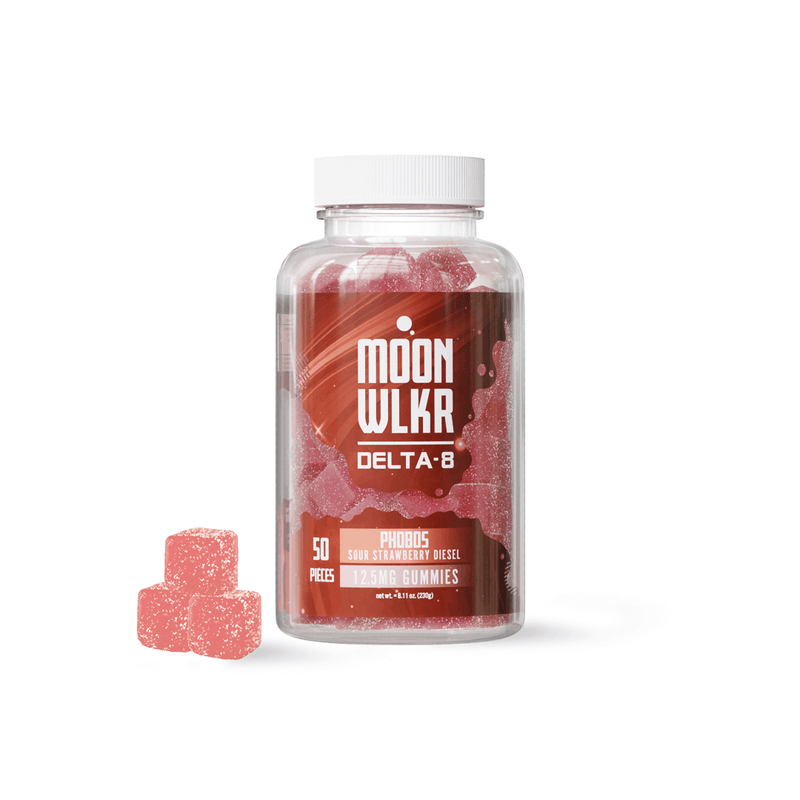 Plastic bottle labeled "Moonwlkr Delta 8 Gummies" containing red gummies. Label reads "Phobos Sour Strawberry Diesel, 12.5mg Delta 8 THC Gummies, 50 pieces." Three delicious Moonwlkr gummies are placed outside the bottle.