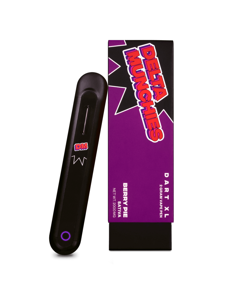 A Delta Munchies Dart XL vape pen and its packaging. The box is black and purple with "Delta Munchies" written on it. The flavor is labeled as "Berry Pie," and it contains 2.5 grams of Delta-8 THC from premium quality American hemp, offering a smooth, automatic draw for a hassle-free experience.