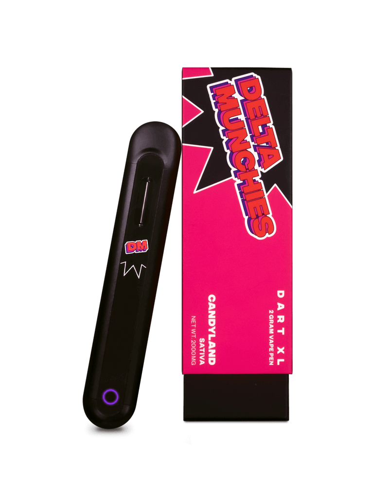 A black Delta Munchies Dart XL Disposable Vape pen labeled "DM" is positioned next to a pink and black box that features the text "Delta Munchies Dart XL" and "Candyland Sativa," highlighting the premium quality American hemp inside.