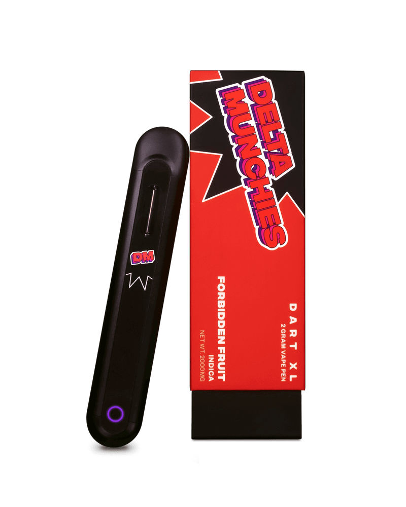 A sleek black vape pen with a purple light, labeled "DM," rests beside a striking red and black box featuring the "Delta Munchies" branding. The packaging highlights the Delta Munchies Dart XL, Forbidden Fruit flavor, and Delta 8 Disposable Vape indications. Made from premium quality American hemp, it features an effortless automatic draw system.