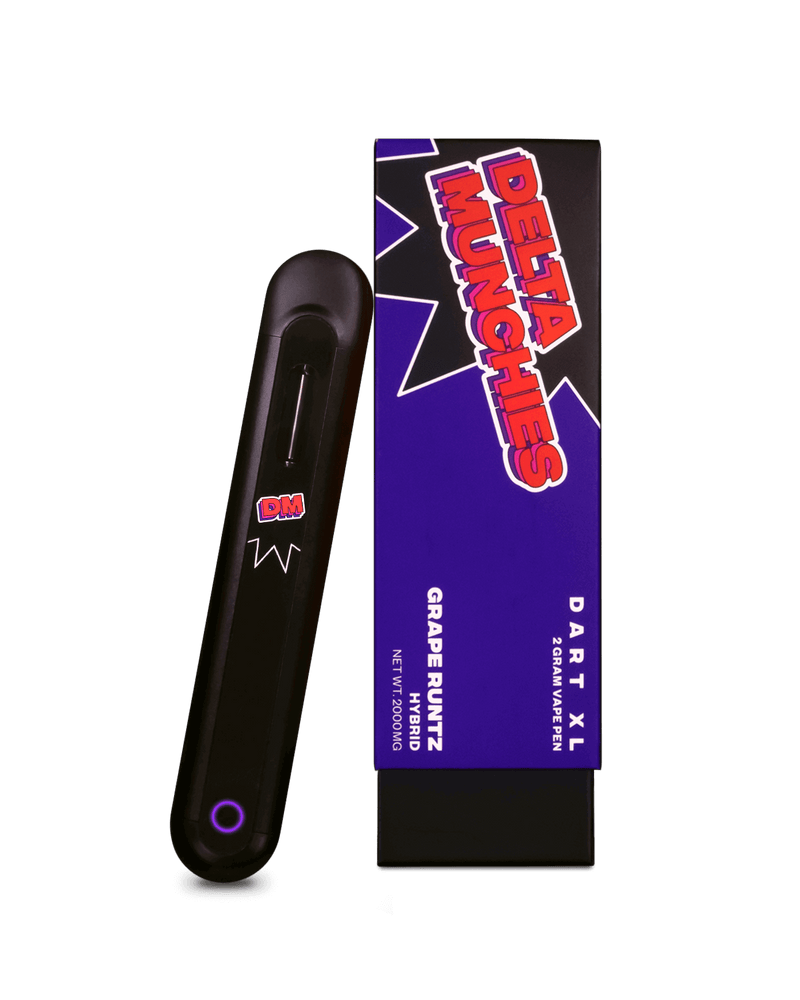 The Delta Munchies Dart XL vape pen features the "Grape Runtz" flavor and is accompanied by detailed product information on a black background. It proudly offers automatic draw functionality. Crafted from high-quality American hemp, this Delta 8 disposable vape ensures a smooth and effortless experience.