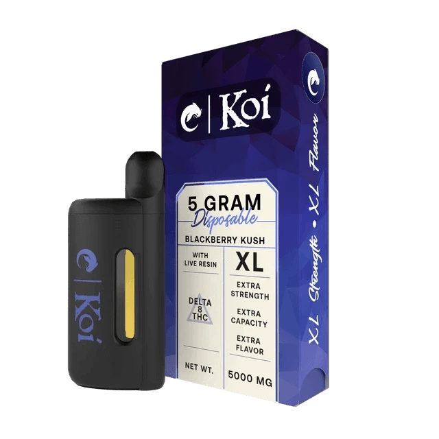 The **Koi Delta 8 Live Resin Disposable Vapes** and its packaging box, labeled with "Blackberry Kush" flavor, features 5 grams of Delta 8 live resin enriched with botanical terpenes. Experience the extra strength, extra capacity, and extra flavor, all packed in a sleek 5000 mg net weight.