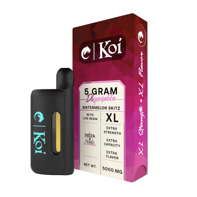 A 5-gram disposable vape device from Koi, labeled "Koi Delta 8 Live Resin Disposable Vapes" with Watermelon Skitz flavor and Delta-8 THC. The packaging highlights Delta 8 live resin, extra strength, capacity, and flavor. Enjoy the richness of botanical terpenes in this potent disposable vape pen.