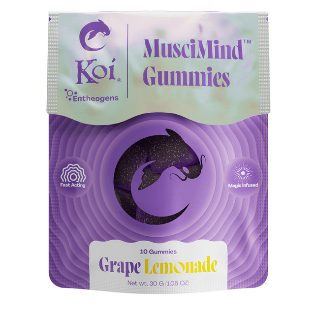 Koi MusciMind Mushroom Gummies come in purple packaging with a grape lemonade flavor and a nootropic blend. A circular window reveals the gummies, highlighted by "Fast Acting" and "Magic Infused" icons. Each 30g pack includes 10 gummies.