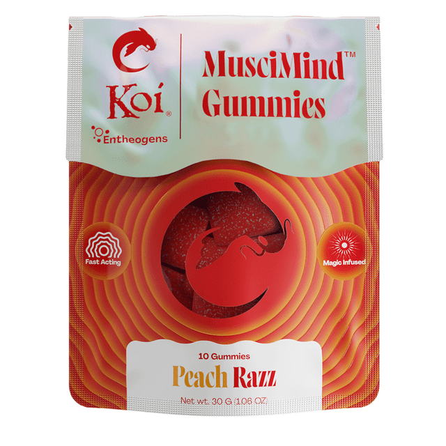 A pack of Koi MusciMind Mushroom Gummies labeled "Peach Razz" with a circular window revealing red gummies, enhanced with a proprietary mushroom blend. The packaging highlights "Fast Acting" and "Magic Infused.